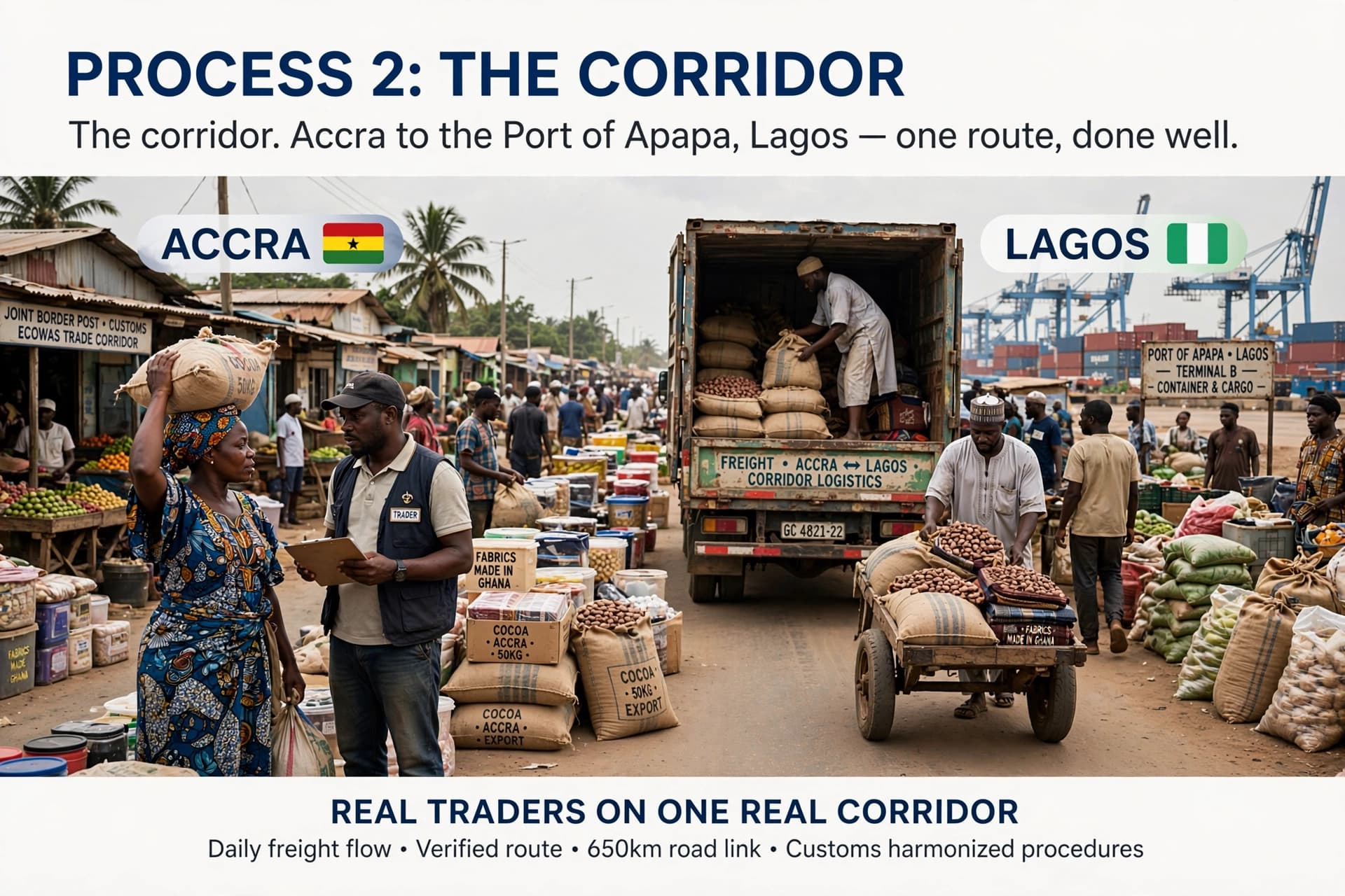 The Accra to Lagos trade corridor — goods loading for the Port of Apapa