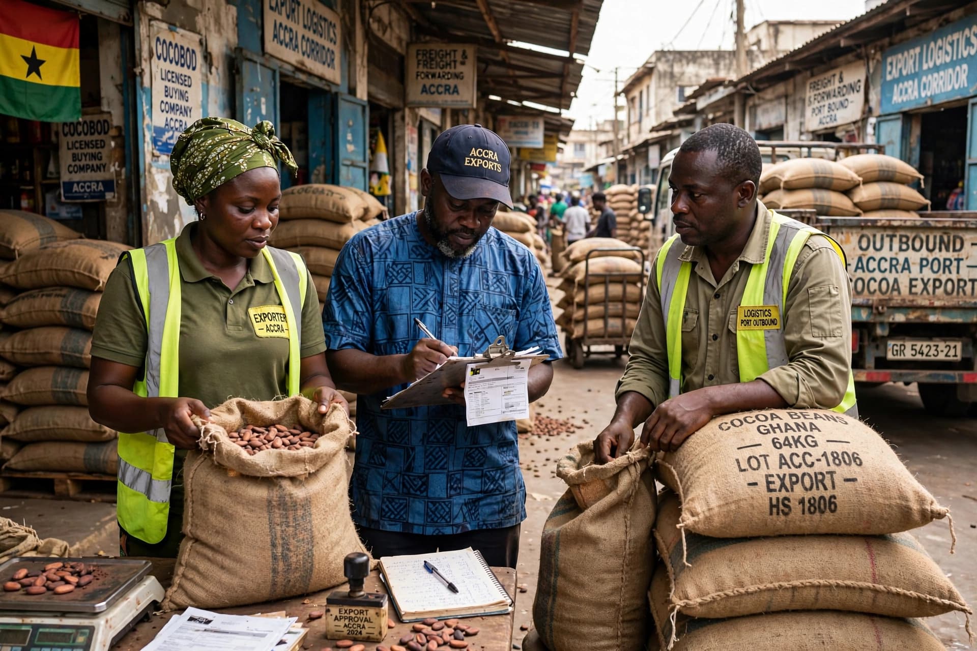Cocoa exporters in Accra checking export paperwork over sacks of HS 1806 cocoa